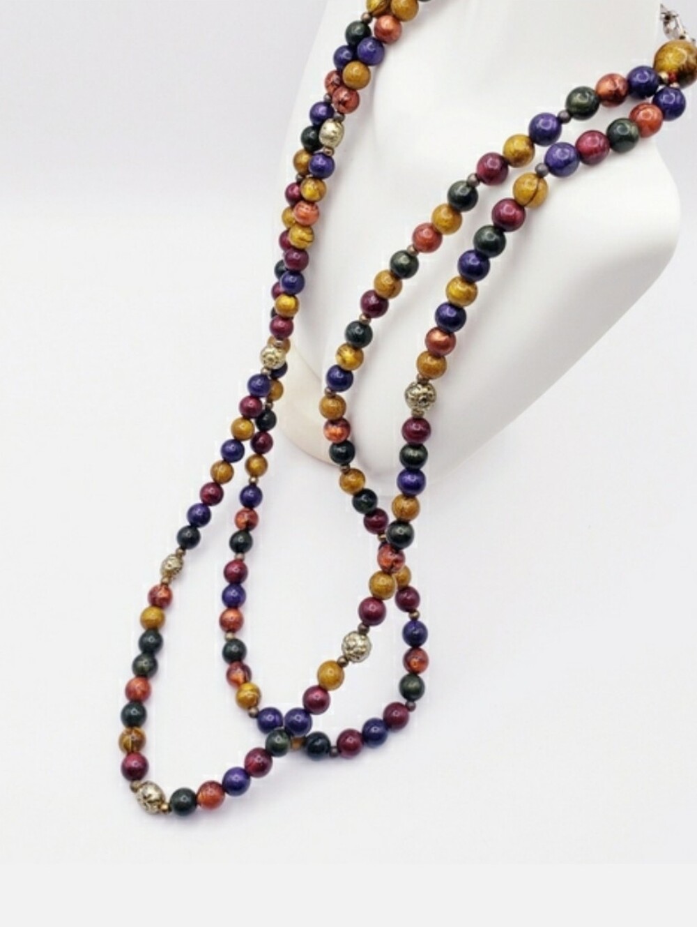Two Strand Multi Color Beaded Necklace Silver Floral Bead Accents